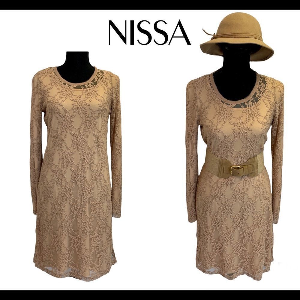 Nissa beige lace overlay stretchy long sleeve dress size US 8